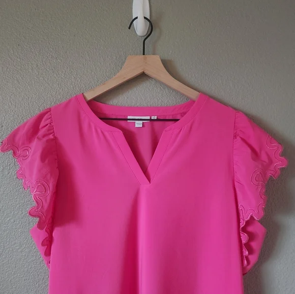 Chico's Dress Size 3 Pink Embroidered Flutter Sleeve Knee Length Sheath - Picture 2 of 10